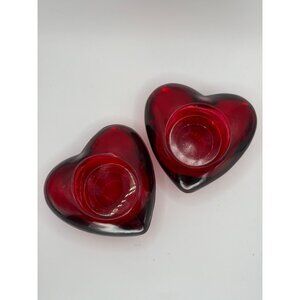 Vtg Ruby Red Glass Heart-Shaped Votive Tealight Candle Holder Valentine Set of 2